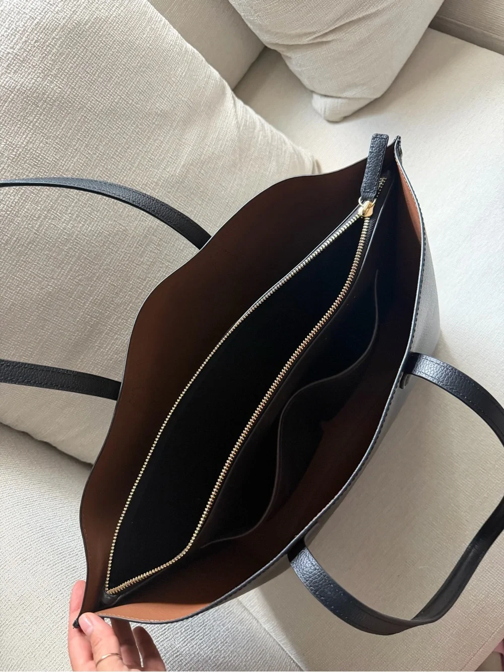 Quince Black Leather Reversible Tote with Brown Interior